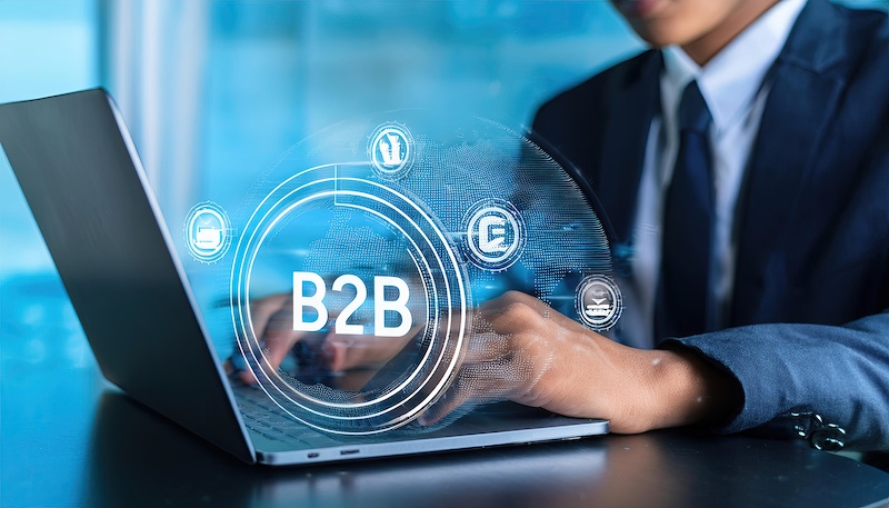B2B business strategy concept. Businessman working with B2B virtual on laptop, conceptualizing strategy, partnership, targets in business to business services. E commerce, B2B Marketing, enterprise,